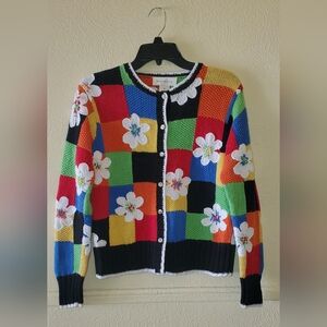 Vintage Susan Bristol Medium Hand Knit Patchwork Sweater with Floral Accents